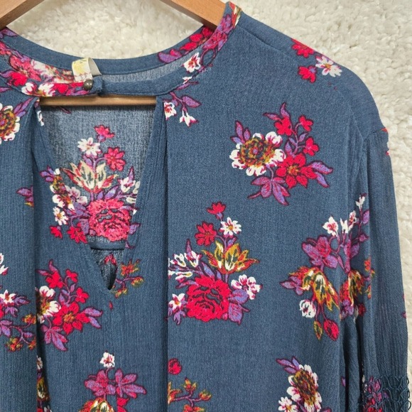 Free People Top Small Blue Flower Swing Tunic Keyhole Oversized Boho Beach Dress - Picture 4 of 14